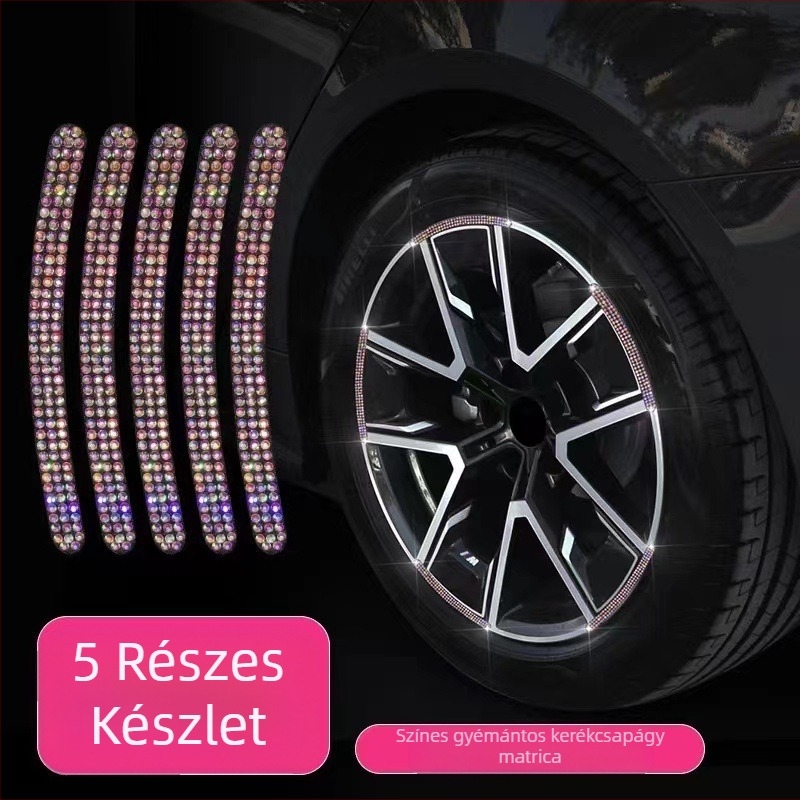 Autókerékagy visszaverő védőgyűrű gyémántdíszes dekoratív csíkkal és figyelmeztető matricákkal, univerzális kerék módosításhoz