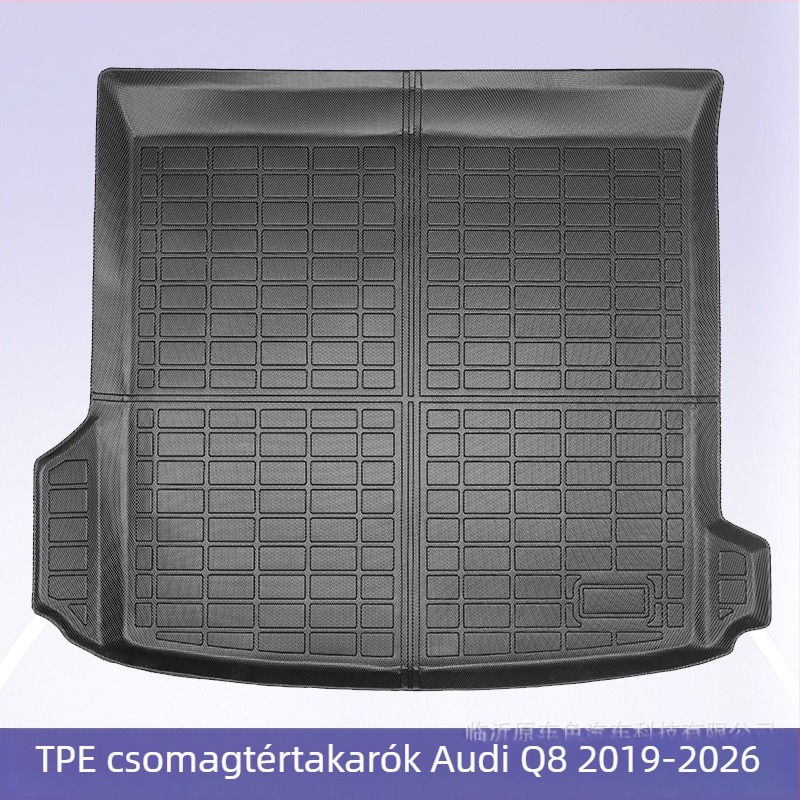 3D TPE All-Weather autópadló szőnyegek Audi Q8-hoz (2019–2026) – járműspecifikus, 5 ülés, egyedi logónyomtatás, hátsó csomagtartó és hátsó támla párna