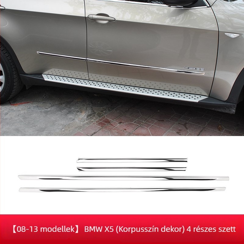 Rozsdamentes acél ajtó díszléc BMW X5 E70 (2008–2013) — karosszéria ajtó díszítőcsík, csomagtérajtó védőcsík, szerelési támogatás