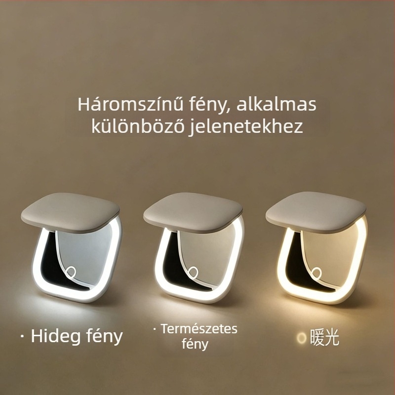 LED sminktükör, összecsukható, hordozható zsebméret, ABS keret, alumínium tükör, logónyomtatás