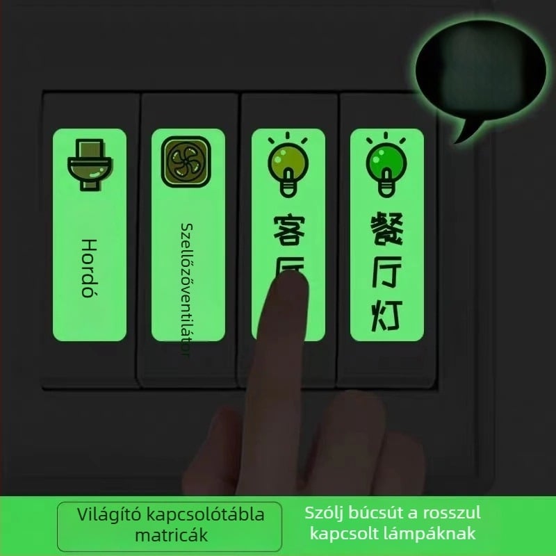 Fénylő kapcsolófelirat matrica konnektor-panelhez – dekoratív, otthoni használatra