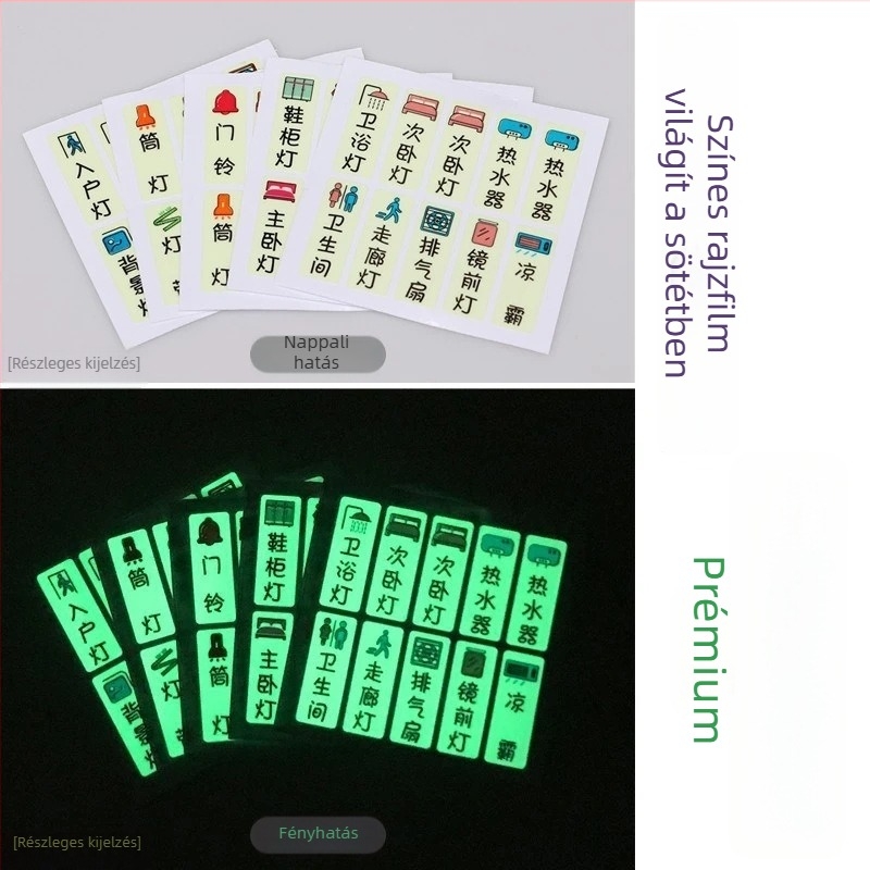 Fénylő kapcsolófelirat matrica konnektor-panelhez – dekoratív, otthoni használatra