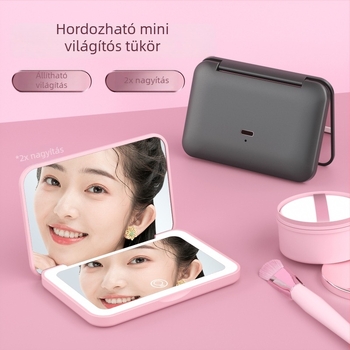 Kézben tartható smink tükör LED háromszínű világítással, mágneses kapcsolóval, 2x nagyítás, alumínium tükör
