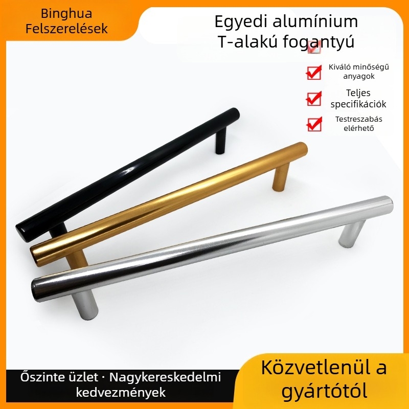 Rozsdamentes acélból készült szekrény- és ruhásszekrény ajtófogantyú, üreges, T-alakú, egylyukú, arany