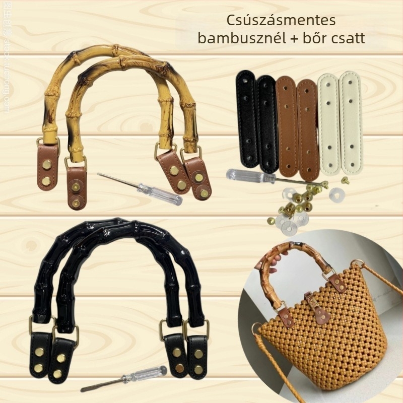 Bambusz fogantyú kiegészítőkkel, PU anyag, bőr csat, bőr pánt, nita, DIY táska kiegészítő