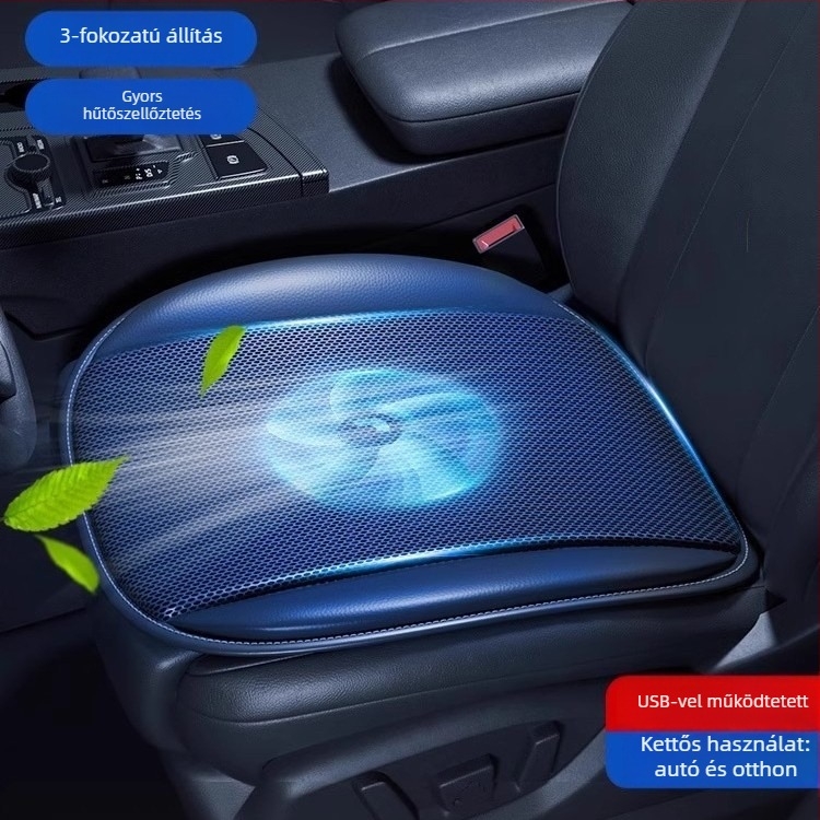 Autóhoz és otthonhoz készített hűtő üléspárna USB ventilátorral, lélegző Ice Silk felület, PU bevonat, szintetikus rost töltet, nyári használat