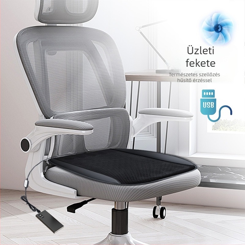 Autóhoz és otthonhoz készített hűtő üléspárna USB ventilátorral, lélegző Ice Silk felület, PU bevonat, szintetikus rost töltet, nyári használat