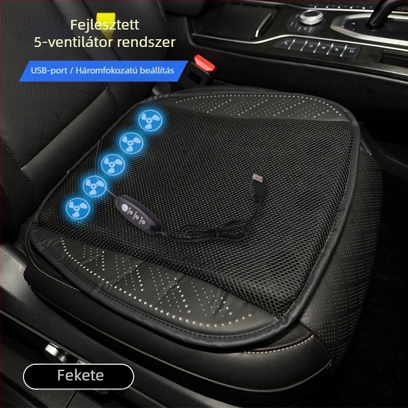 Autóhoz és otthonhoz készített hűtő üléspárna USB ventilátorral, lélegző Ice Silk felület, PU bevonat, szintetikus rost töltet, nyári használat