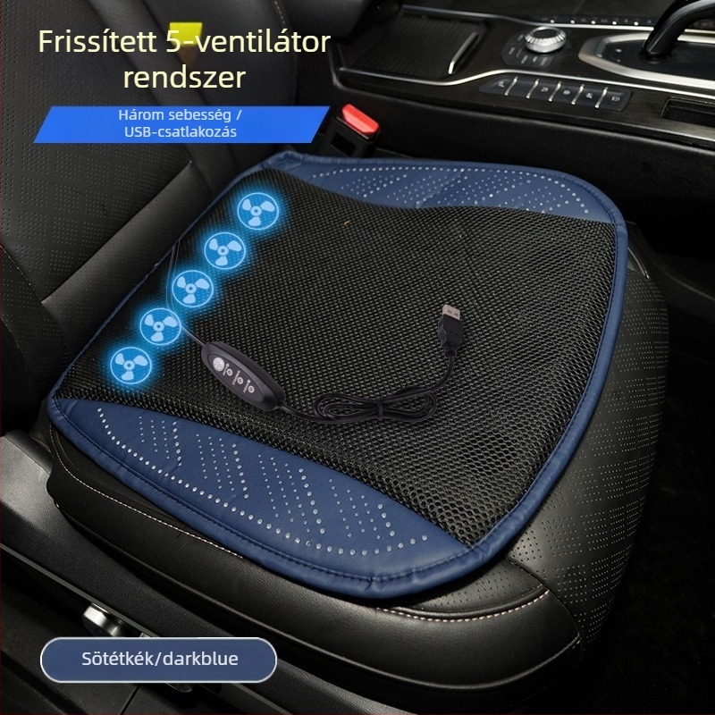 Autóhoz és otthonhoz készített hűtő üléspárna USB ventilátorral, lélegző Ice Silk felület, PU bevonat, szintetikus rost töltet, nyári használat
