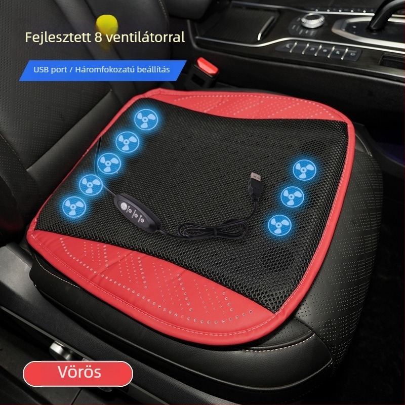 Autóhoz és otthonhoz készített hűtő üléspárna USB ventilátorral, lélegző Ice Silk felület, PU bevonat, szintetikus rost töltet, nyári használat