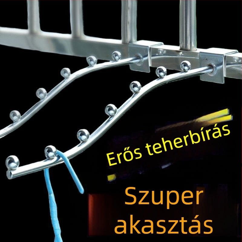 Hetes gyöngyös ruhaszárító akasztó, 25 mm-es négyzetes cső, rozsdamentes acél, három sor horoggal, max terhelés 3–5 kg