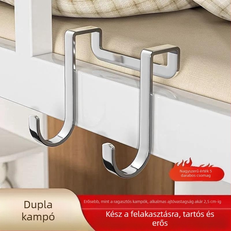 304-es rozsdamentes acélból készült dupla S-alakú akasztó, fúrás nélkül, ajtó mögé, konyha és fürdőszoba