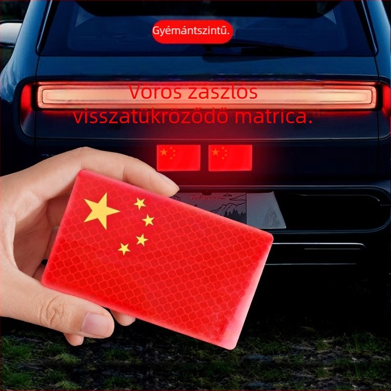 Autóreflektív matrica ötcsillagos piros zászló dizájnnal, 3D dekoratív karosszériatakaró, anyag: ragasztószalag, szerelés vákuumos kupakkal