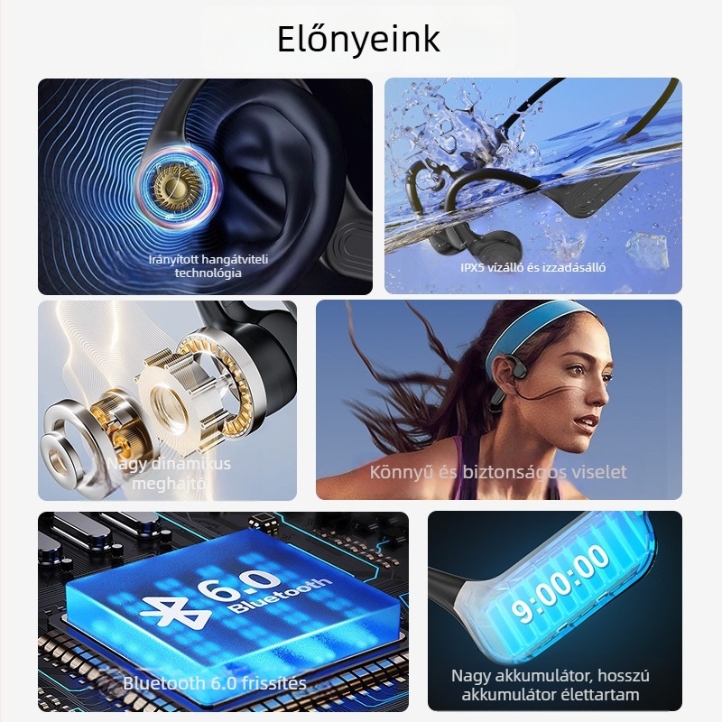 Csontvezetéses Bluetooth fülhallgató 6.0, IPX5 vízálló, sztereó hang, akkumulátor-élettartam >8 óra, hatótávolság 15 m