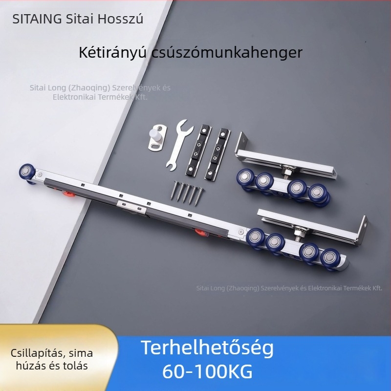 Fa ajtó függő görgő – kétirányú csillapító hardver, Zn ötvözet, max. terhelés 80 kg, modern minimalista stílus, alkalmazás: konyha, erkély és fa tolóajtók