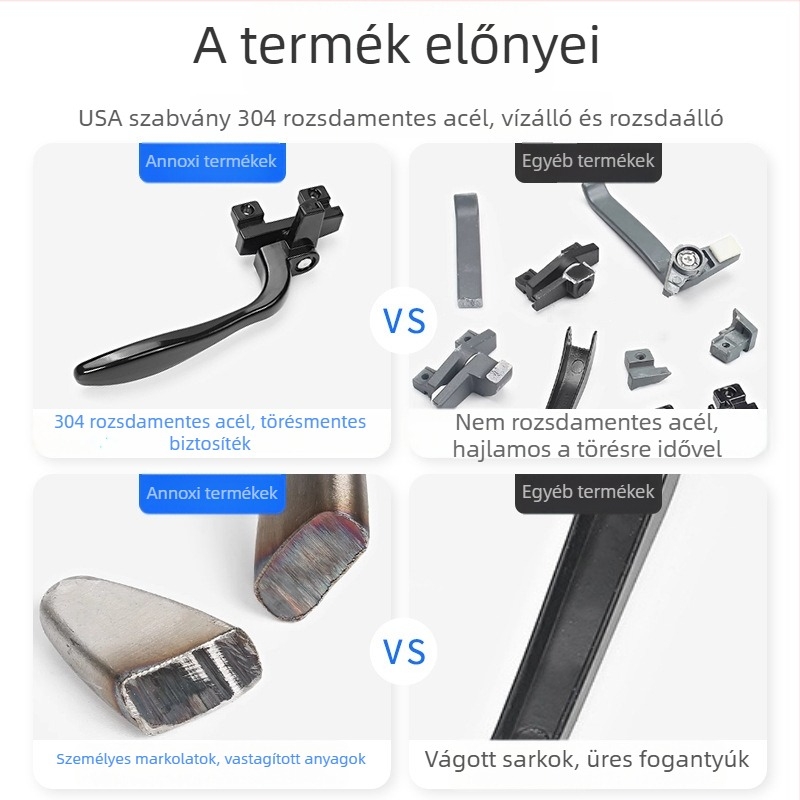 304 rozsdamentes acél ablak- és ajtókilincs; tömör, vast konstrukció, modern minimalista stílus; felületkezelések: elektroplating, csiszolás, polírozás, lézergravírozás, anodizálás.