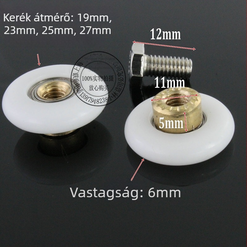 Fürdőszobai görgő üveg tolóajtóhoz – klinker anyag, külső átmérő 25 mm, tengelyátmérő 19 mm, zsinórcsatorna sugara 15 mm, falvastagság 6 mm