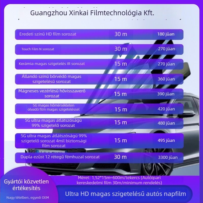 Autóüveg tintafilm hőszigeteléssel és UV-védelemmel, robbanásbiztos, teljes autón lefedéséhez szükséges tekercs