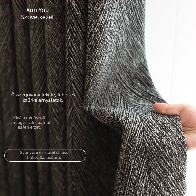Olasz minimalist stílusú ablakfüggöny fishbone jacquard mintázatú Chenille anyagból, fényzár 71–90%, alkalmas sarokablakra és padlótól plafonig nyíló ablakokra