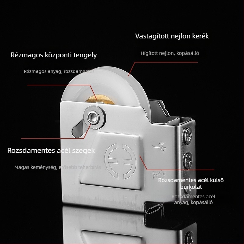 90-es görgő alumínium ajtókhoz és ablakokhoz; rozsdamentes ház, réz tengely, nylon kerék; külső Ø43 mm, tengely Ø10 mm, maximális teher 55 kg