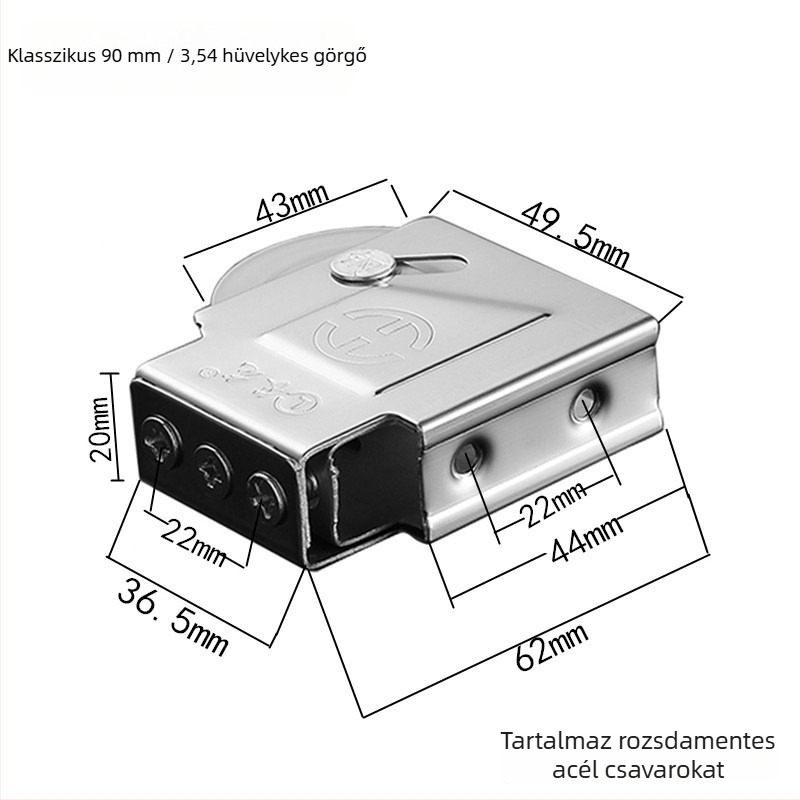 90-es görgő alumínium ajtókhoz és ablakokhoz; rozsdamentes ház, réz tengely, nylon kerék; külső Ø43 mm, tengely Ø10 mm, maximális teher 55 kg