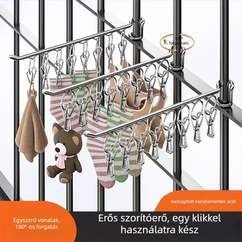 Rozsdamentes acél ruhaszárító állvány, hordozható, egyrúdús kialakítás, több klipsz zoknik és alsóneműk számára