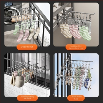 Rozsdamentes acél ruhaszárító állvány, hordozható, egyrúdús kialakítás, több klipsz zoknik és alsóneműk számára