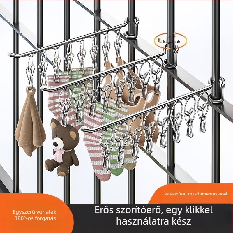 Rozsdamentes acél ruhaszárító állvány, hordozható, egyrúdús kialakítás, több klipsz zoknik és alsóneműk számára