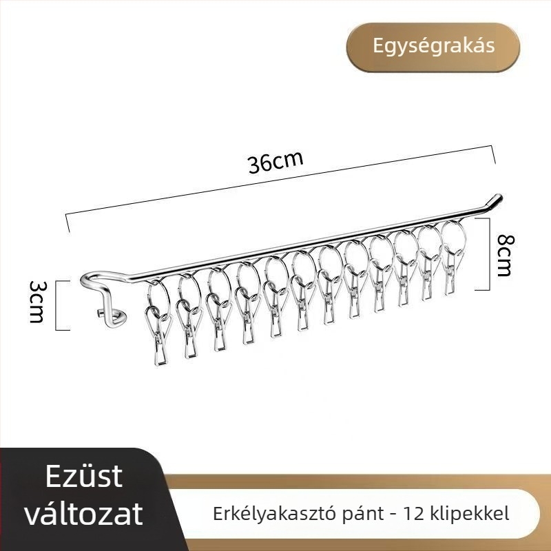 Rozsdamentes acél ruhaszárító állvány, hordozható, egyrúdús kialakítás, több klipsz zoknik és alsóneműk számára