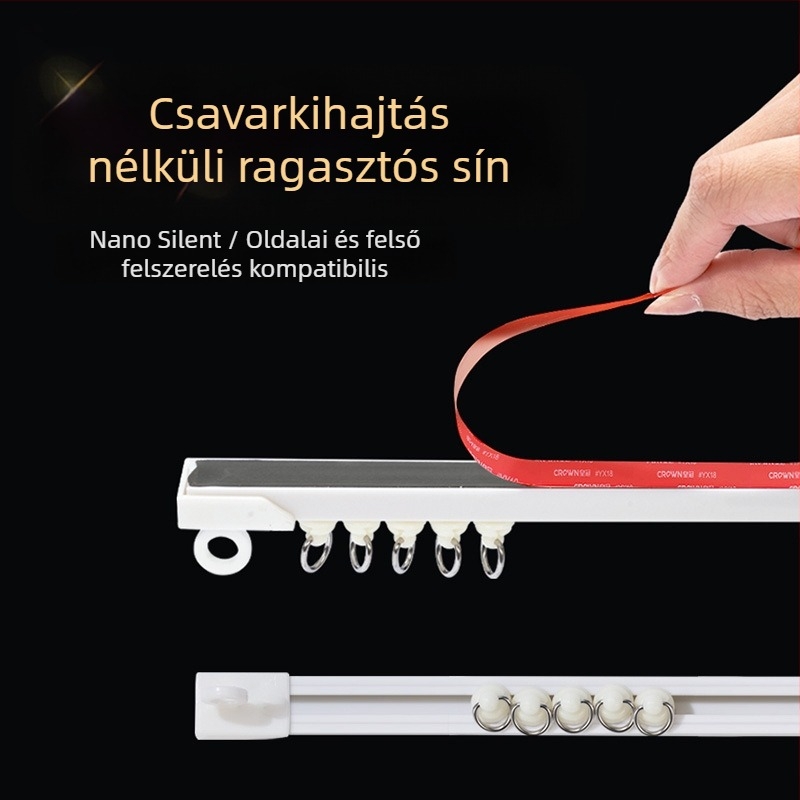 Függönycsúszó sín, lyukasztás nélküli felső- és oldalsó szereléssel, ultra vékony, halk működés, műanyag anyag, modern stílus
