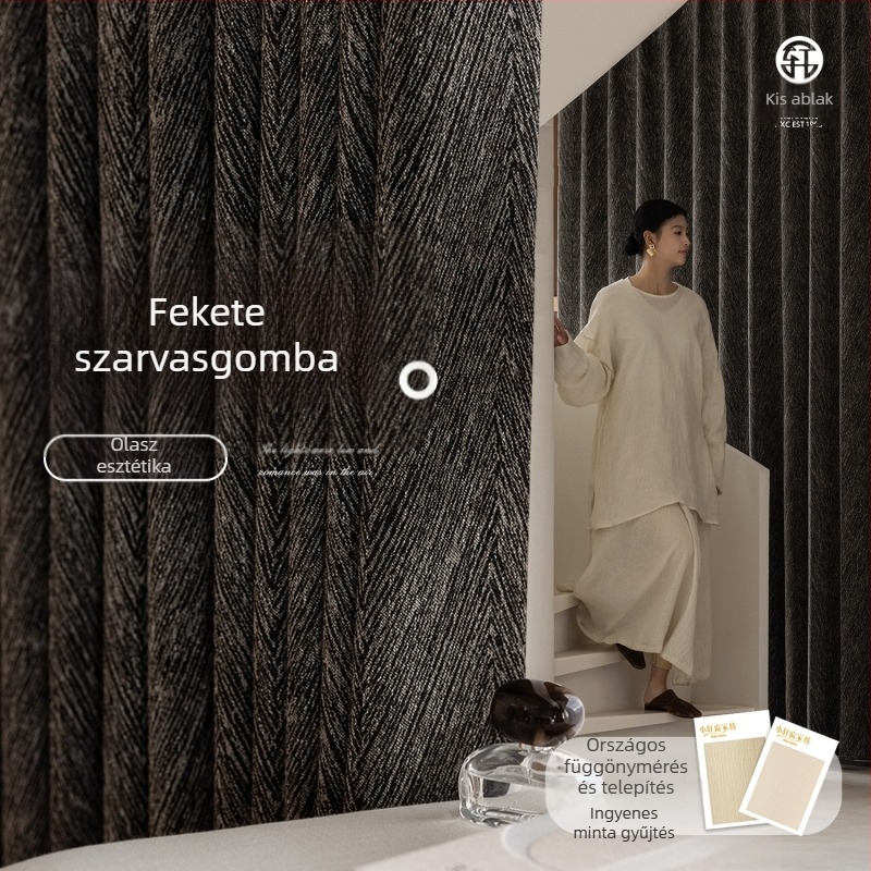 Polyeszter anyagú dupla jacquard függöny ablakra, francia stílus, teljes sötétítés 90–100%, modell Black Truffle