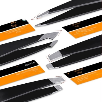 Rozsdamentes acélból készült szemöldök eszközkészlet: szemöldök trimelő, szemöldök csipesz és szemöldök plukoló csipesz; termékkód P7Pcs; eredet Yangjiang.