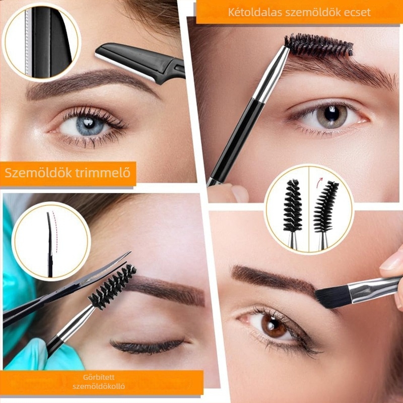 Rozsdamentes acélból készült szemöldök eszközkészlet: szemöldök trimelő, szemöldök csipesz és szemöldök plukoló csipesz; termékkód P7Pcs; eredet Yangjiang.