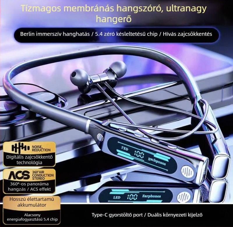 Nyakpántos Bluetooth fejhallgató — Bluetooth 5.4, 10 m hatótáv, több mint 8 óra üzemidő, sztereó hang, digitális kijelző