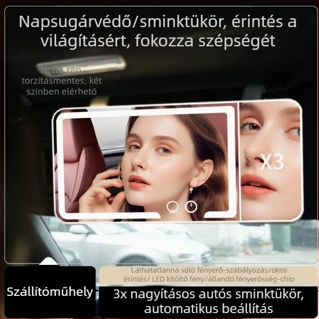 Autóba való LED smink-tükör, 5x nagyság, érintéses vezérlés, HD világítás, ABS keret, üveg lencse