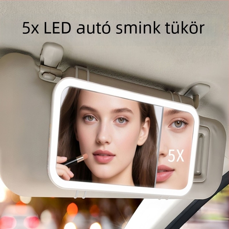 Autóba való LED smink-tükör, 5x nagyság, érintéses vezérlés, HD világítás, ABS keret, üveg lencse