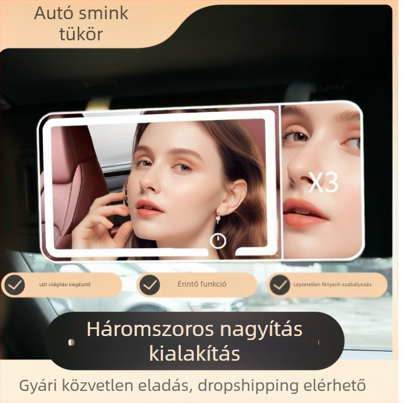 Autós sminktükör, ABS keret, ezüst tükrös lencse, egyedi logó nyomtatás lehetséges, autóban használható