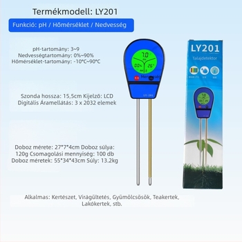 Digitális kijelzős talajdetektor, pH, nedvesség és hőmérséklet mérésére kertben