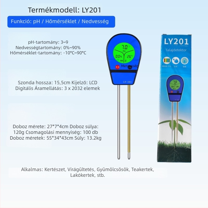 Digitális kijelzős talajdetektor, pH, nedvesség és hőmérséklet mérésére kertben