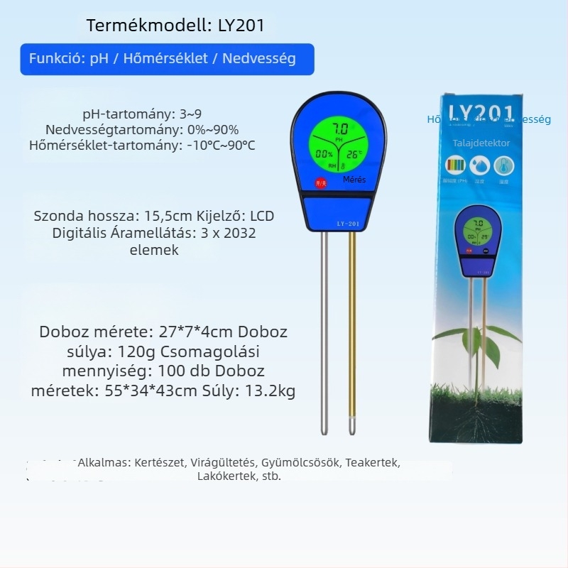 Digitális kijelzős talajdetektor, pH, nedvesség és hőmérséklet mérésére kertben