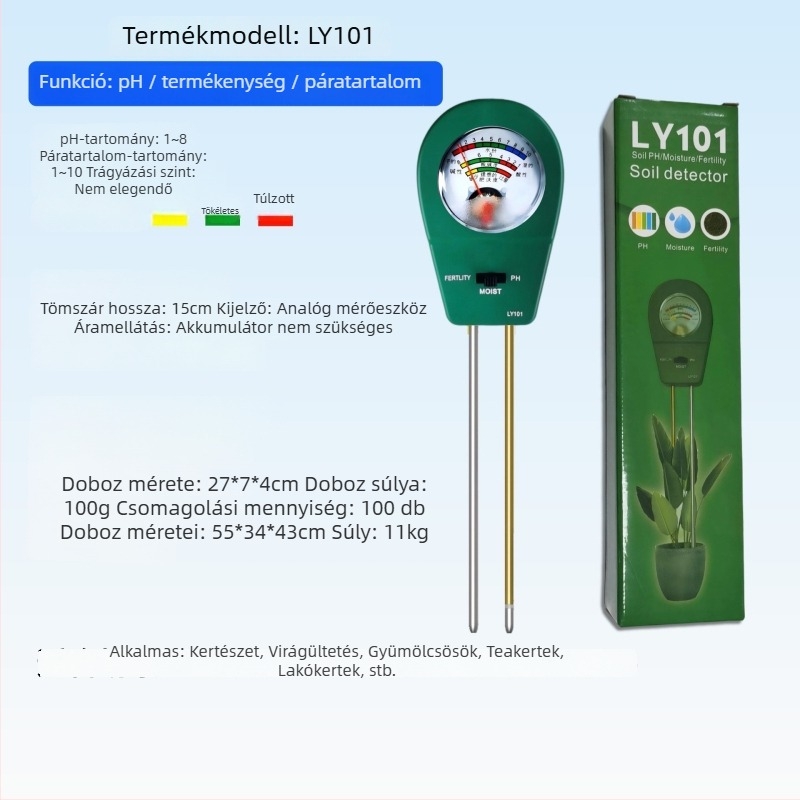 Digitális kijelzős talajdetektor, pH, nedvesség és hőmérséklet mérésére kertben