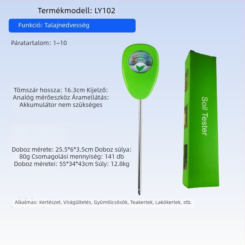 Digitális kijelzős talajdetektor, pH, nedvesség és hőmérséklet mérésére kertben