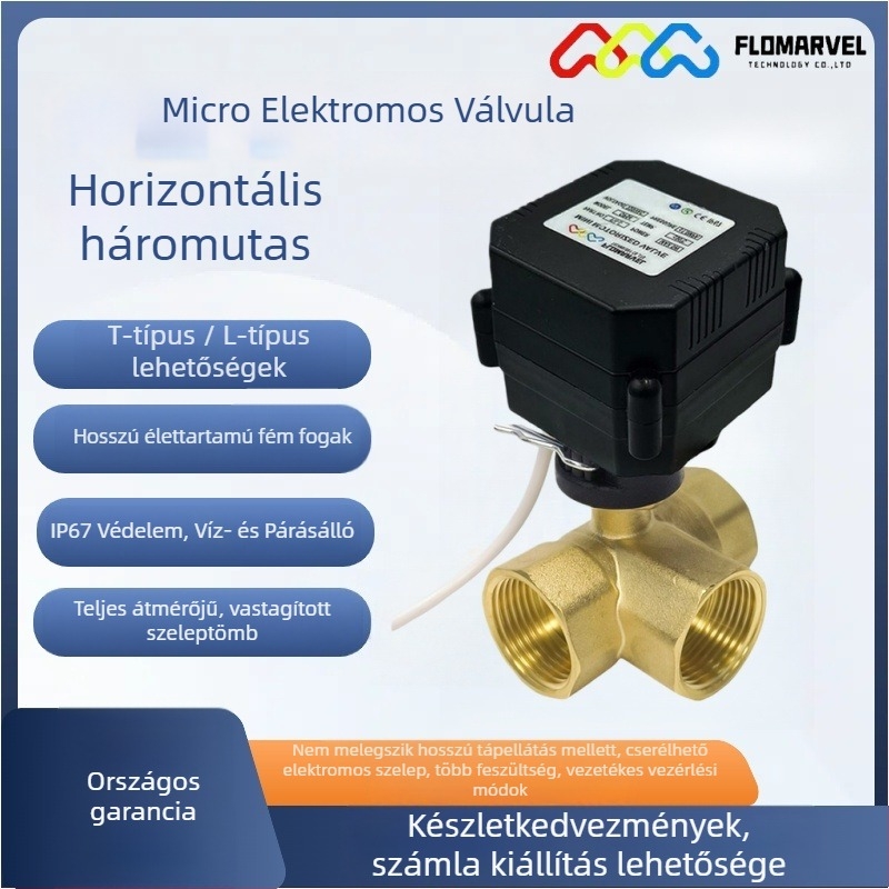 Flomarvel háromutas sárgaréz elektromos golyóscsap, horizontális, kézi-automatizált integrált működés, 3 másodperces gyorsnyitás