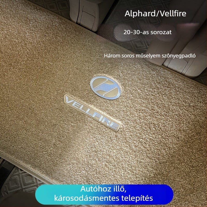 Háromsoros autópadlószőnyeg-készlet Toyota Alphard 20-as sorozathoz és Vellfire 30-as sorozathoz, kasmír utánzat, 12 mm vastagság, testreszabható kivitel, logóval
