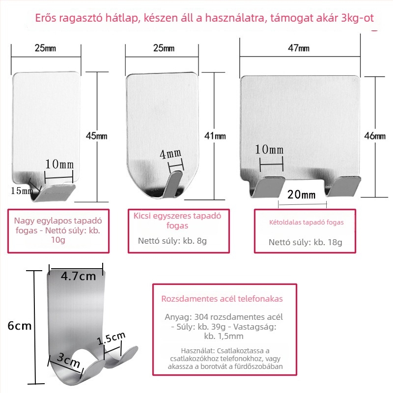 Ragasztó kampó, rozsdamentes acélból, falra szerelhető, egyetlen kampó, teher 0–1 kg