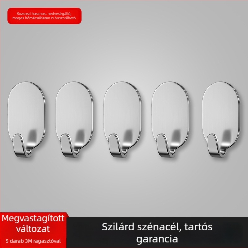 Ragasztós kampó, falra szerelhető, fúrás nélkül, teherbírás 3 kg, 5-darabos készlet, egyetlen kampó vasból