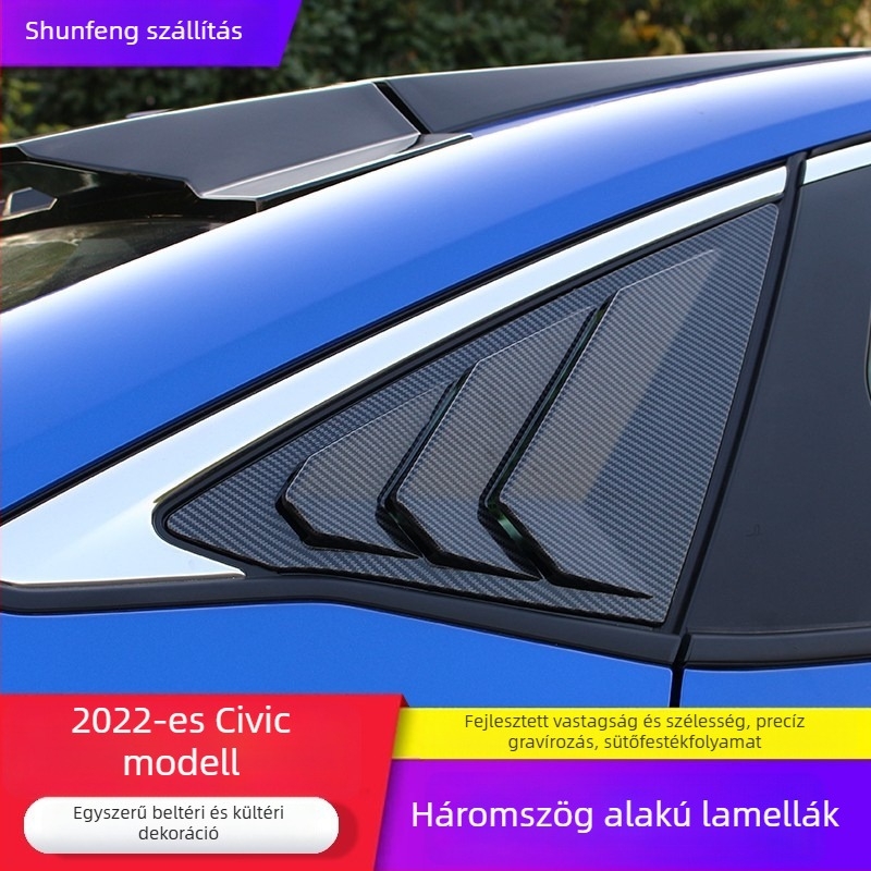 Yibo ABS hátsó háromszög ablak dekor, kompatibilis a 2022-es Honda Civic 11. generációval – személyre szabott feldolgozás; Anyag: ABS; Eredet: Changzhou, Jiangsu; Illeszkedés: Honda Civic 2022; Váltó: automata