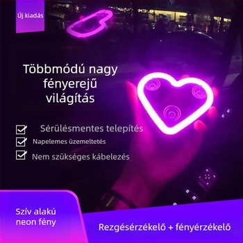 Autótest dekormatrica - háromszög szív neon LED világítás, napelemes vezeték nélküli belső hangulatvilágítás, ragasztóval rögzíthető oldalsó panelekhez