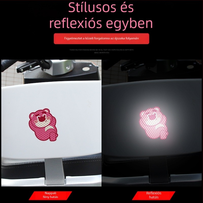 Matrica elektromos autó karosszériájára és sisakjára, mintázat eper-maci, gyémántszintű fényvisszaverődés, dekoratív matrica személyre szabható