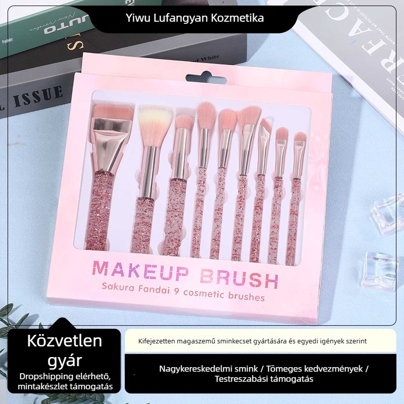 Sminkecset készlet: 9 darab, nylon/mesterséges sörtés, műanyag nyél, dobozos csomagolás.